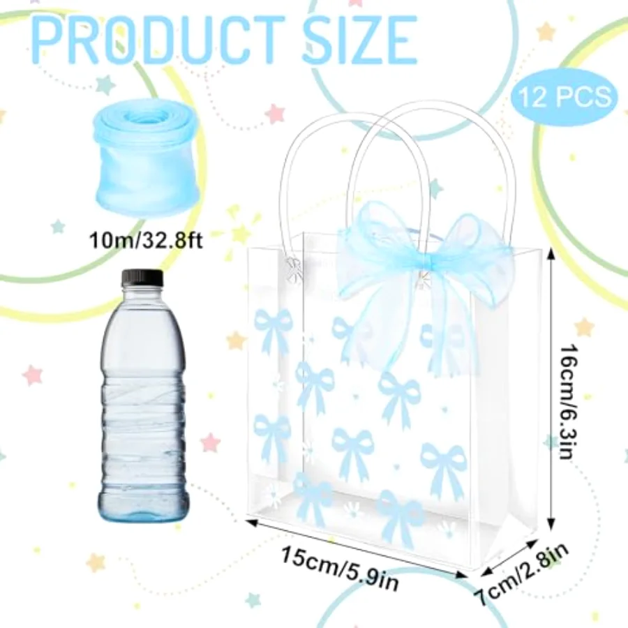 12 Pcs Bow Coquette Clear PVC Gift Bags Blue Bowknot Daisy Flower Party, view 2