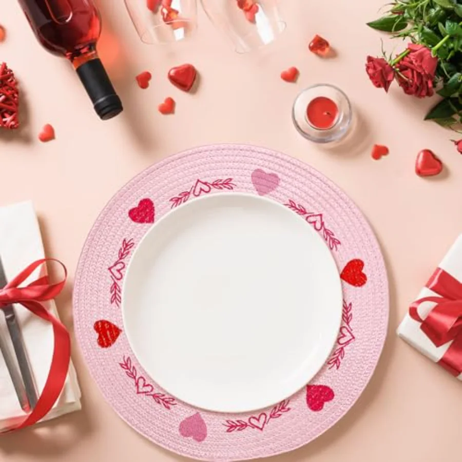 4Pcs Round Valentine Placemats Red Pink Heart Embroidered Place Mats, view 4
