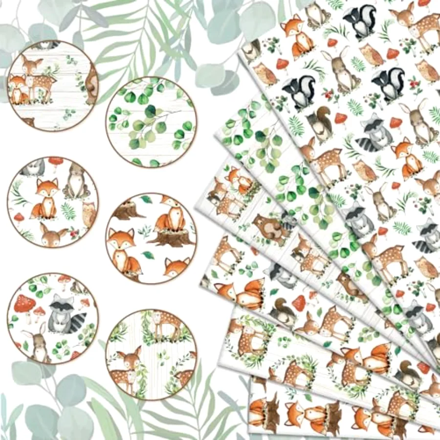 6Pcs Woodland Cotton Fabric Bundles Woodland Animal Eucalyptus Printed Fat, view 3