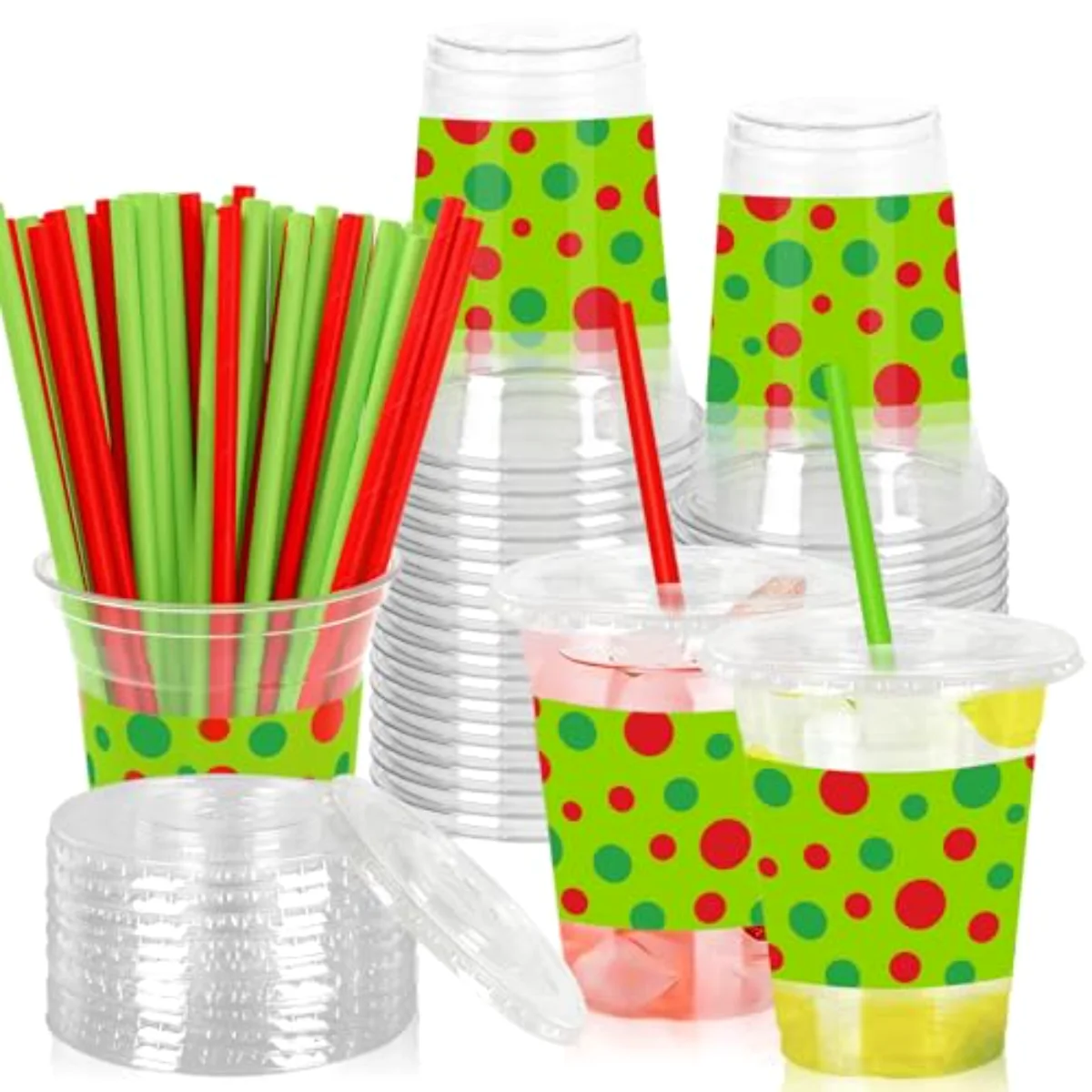 50 Pack Green Christmas Plastic Cups with Lids Straws Red Green Polka Dot
