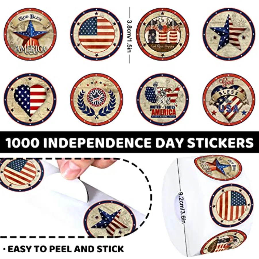 1000Pcs Patriotic Stickers 4th of July Retro Round Decal Sticker American, view 2
