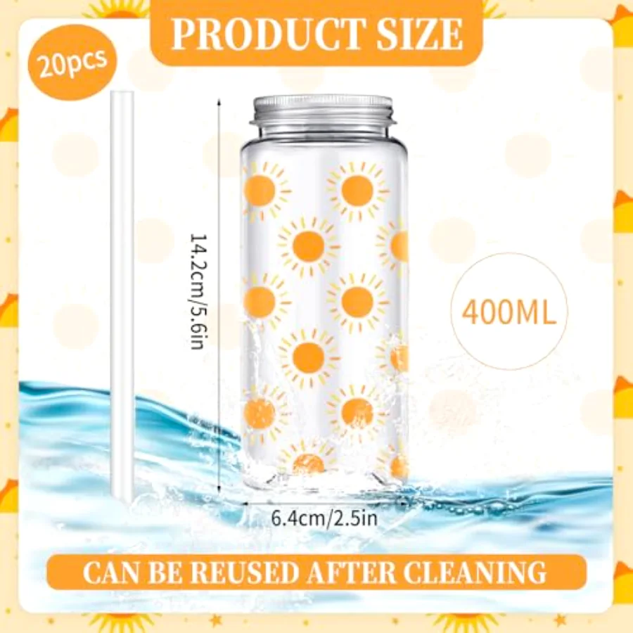 20 Pcs Boho Sun Plastic Cups with Lids and Straws Clear Party Drinking, view 2