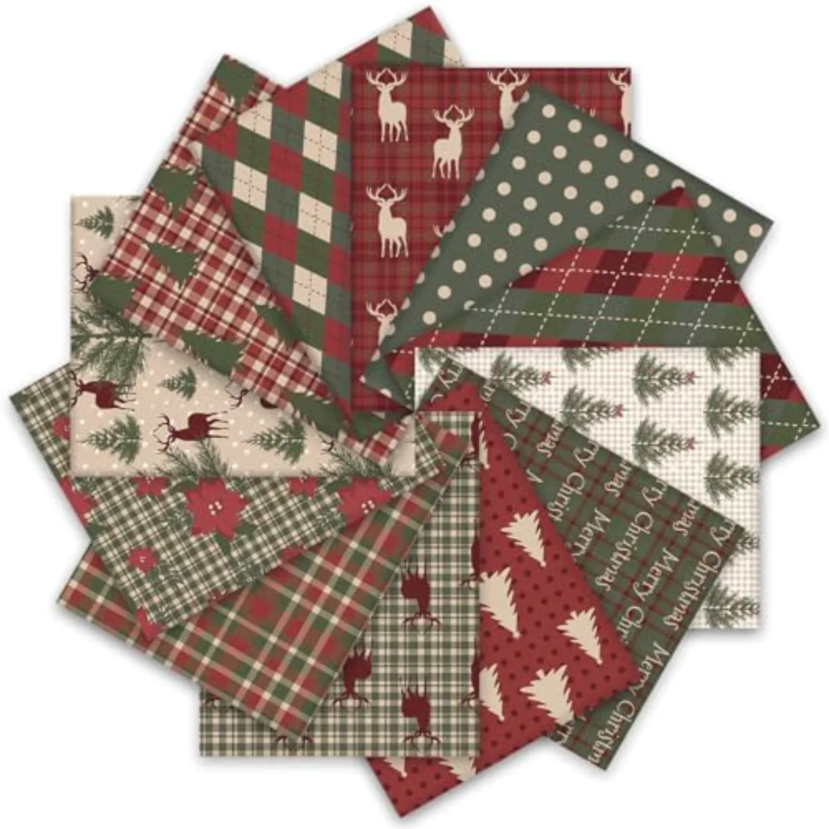 12Pcs Christmas Fabric Squares Woodland Poinsettia Reindeer Tree Cotton