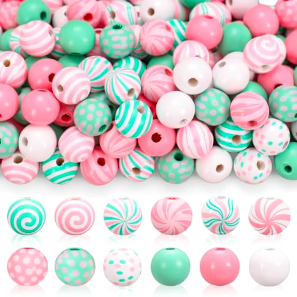 210Pcs Christmas Wooden Beads 12 Styles Pink-Green Xmas Pattern Round