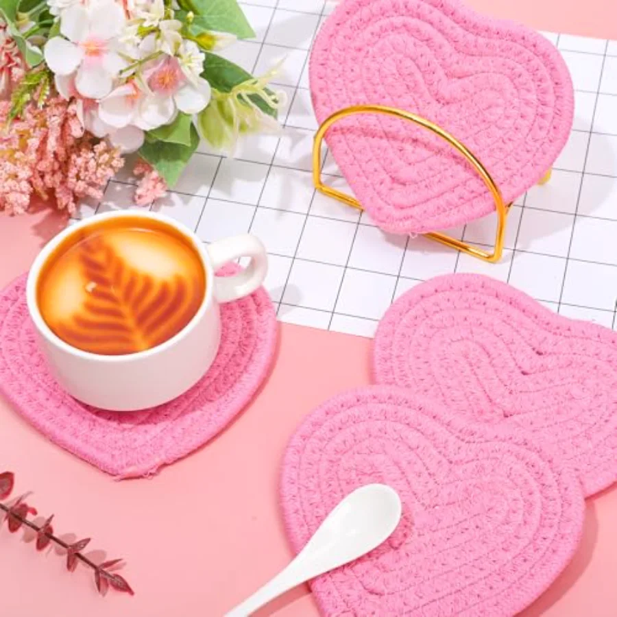 Valentine's Day Heart Coasters Pink Love Heart Shape Handmade Braided, view 4