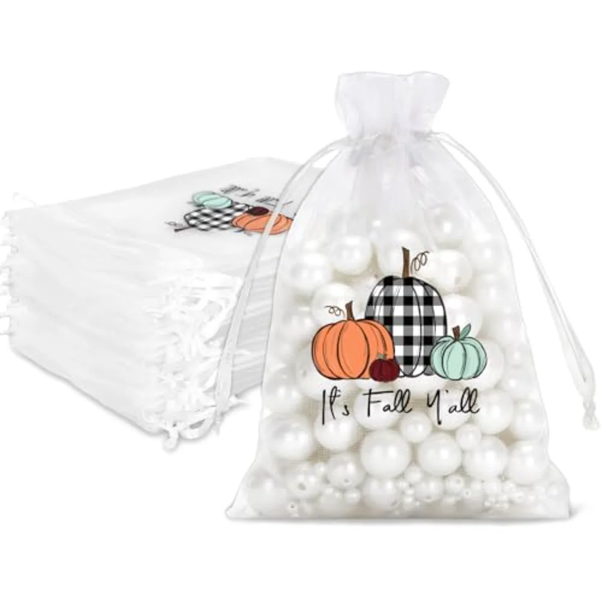 100 Pcs Fall Organza Bags Drawstring Plaid Orange Pumpkin Gift Bags White