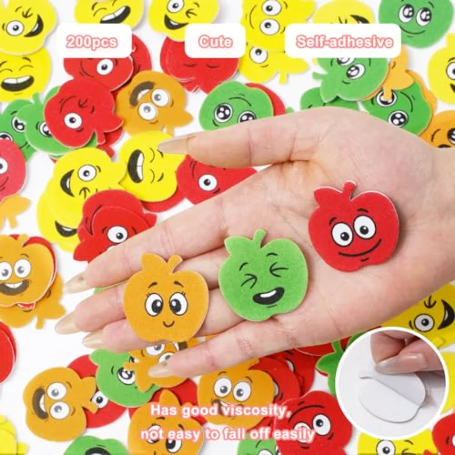 200 Pcs Back to School Foam Stickers Smile Face Apples Self Adhesive, view 3
