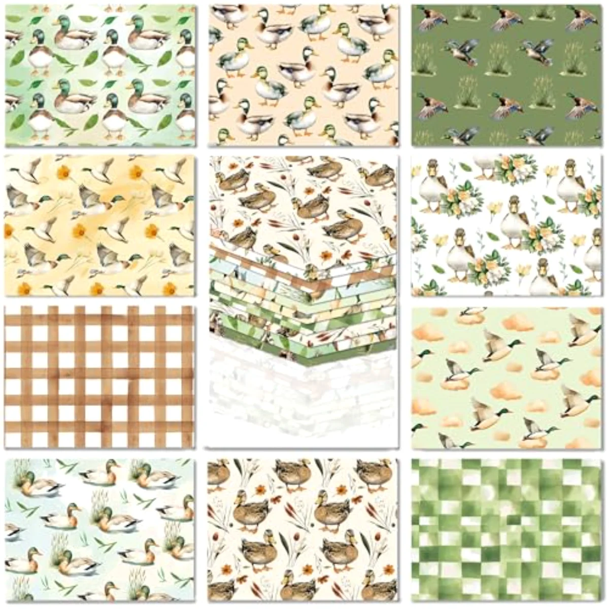 10Pcs Mallard Duck Cotton Fabric Bundles Fat Quarters Watercolor Cute Duck