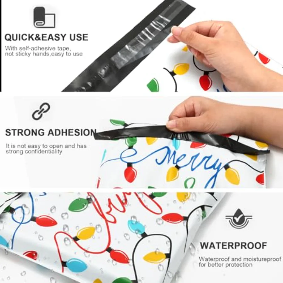 100Pcs Merry Christmas Poly Mailer 10 x 13 Inch Colorful Light Bulb, view 3