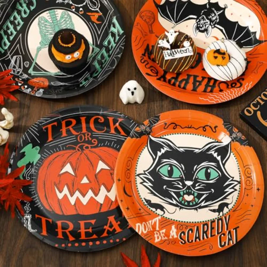 Halloween Paper Plates Vintage Orange Black Disposable Dinner Plates Black, view 4