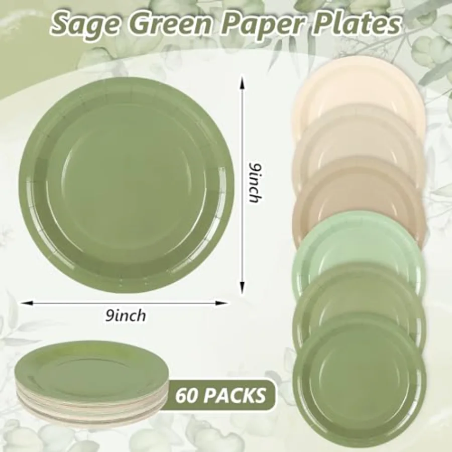 60Pcs Sage Green Paper Plates 9 Inch Gradient Green Beige Color Round, view 2