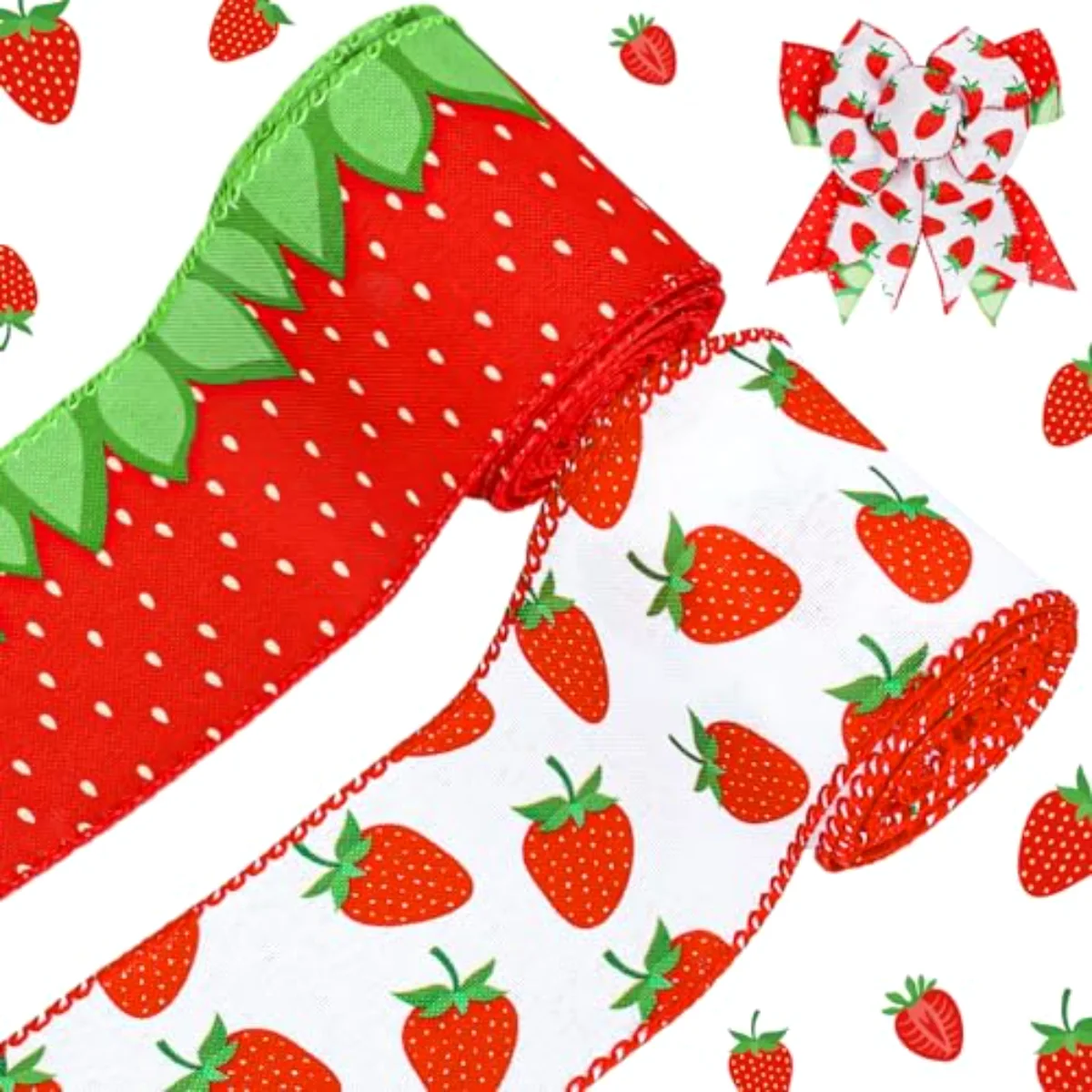 2 Rolls Strawberry Wired Edge Ribbon 2.5 Inch 10 Yards Red Green Fruit