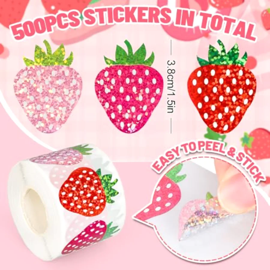 Strawberry Stickers Roll Holographic Pink Red Berry Fruit Seal Stickers 3, view 2