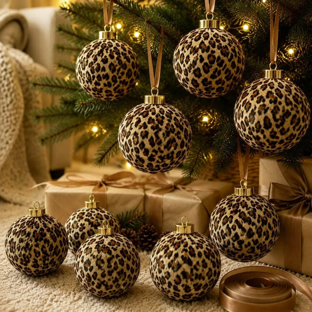 9Pcs Leopard Print Christmas Ball Ornaments 3.1 Inch Cheetah Print Hanging