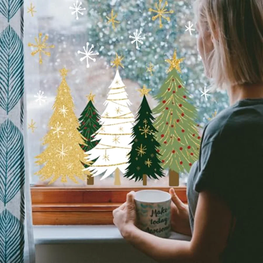 9 Sheets Christmas Window Clings Window Decals White Green Gold Xmas Tree, view 2