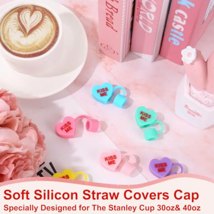 6 Pcs Valentine's Day Conversation Heart Straw Cover Cap Reusable Silicone, view 3