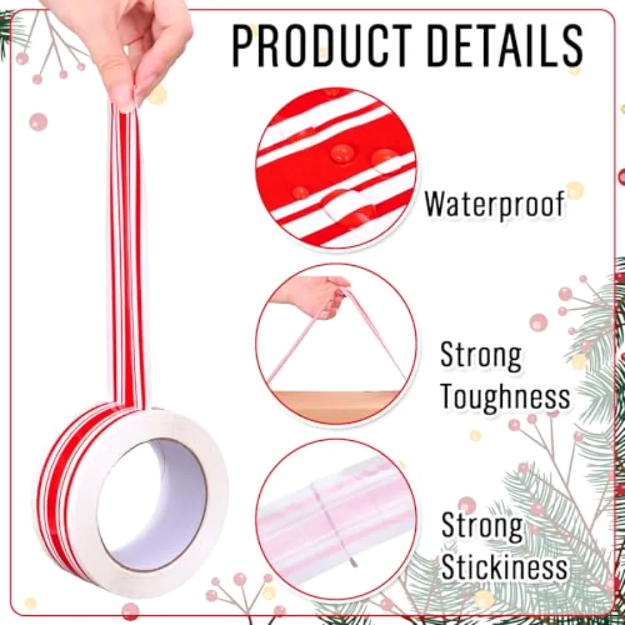 109 Yard Christmas Packing Tape Gift Wrapping Tape Red White Xmas Striped, view 3