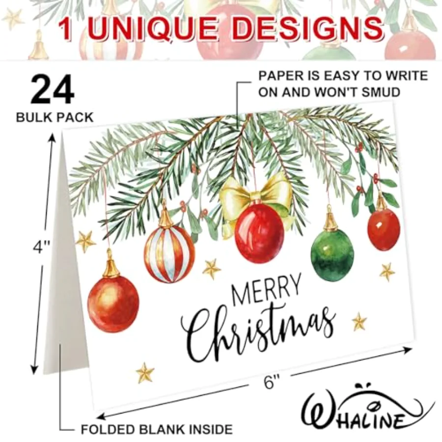 24 Packs Merry Christmas Greeting Cards with Envelopes Stickers Red Xmas, view 2