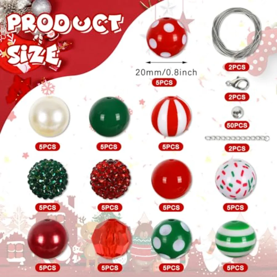 Christmas Bubblegum Beads - 20mm Mixed Chunky Acrylic Spacer Christmas, view 2