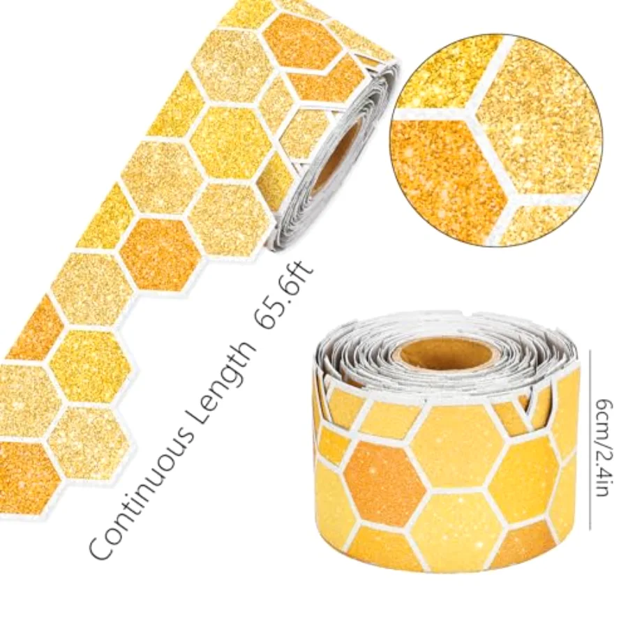 65.6 Ft Summer Bulletin Board Border Glitter Yellow Honeycomb Die Cut Trim, view 2