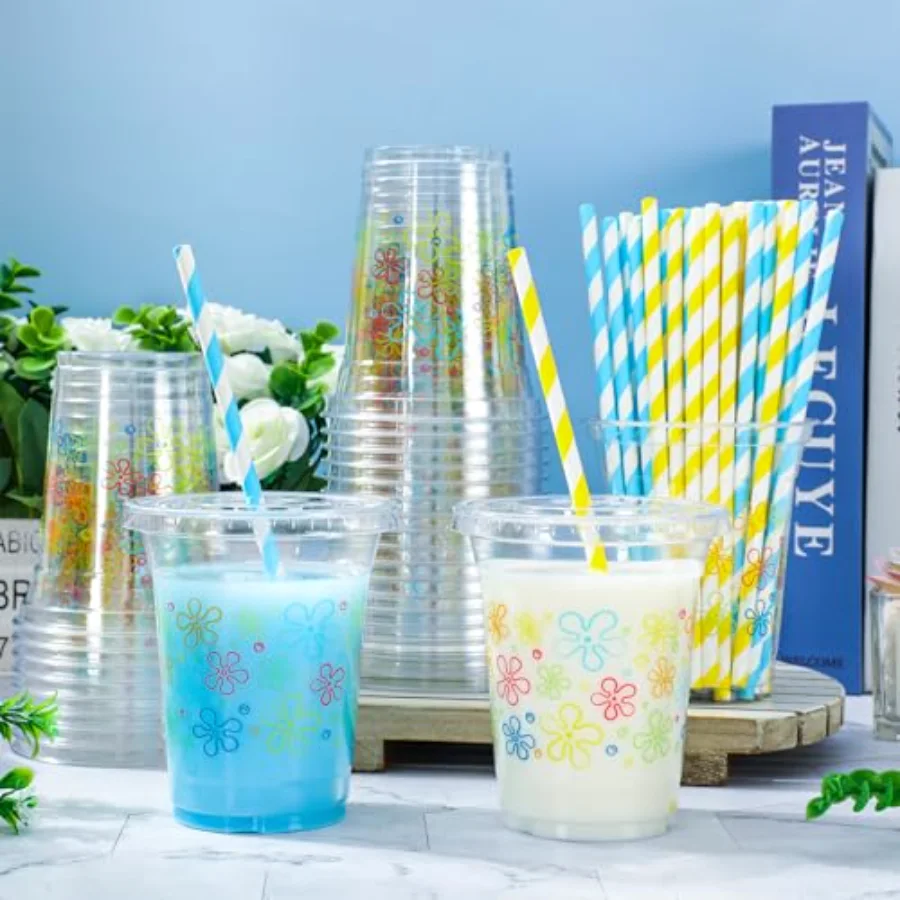 50Pcs Cartoon Sponge Plastic Cups with Lids Straws Colorful Bikini Flower, view 4