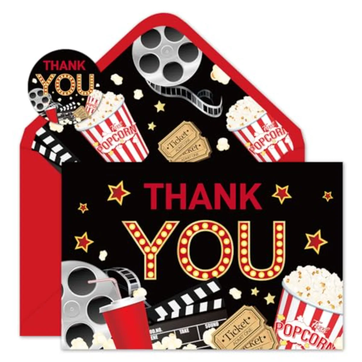 24 Pack Movie Night Thank You Cards Bulk Movie Reel Ticket Popcorn Note