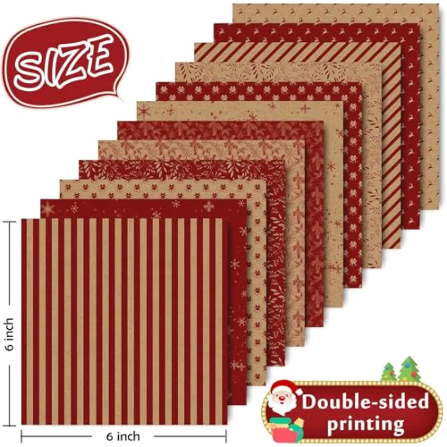 24 Sheets Christmas Pattern Paper Kraft Red Reindeer Snowflake Bell, view 2