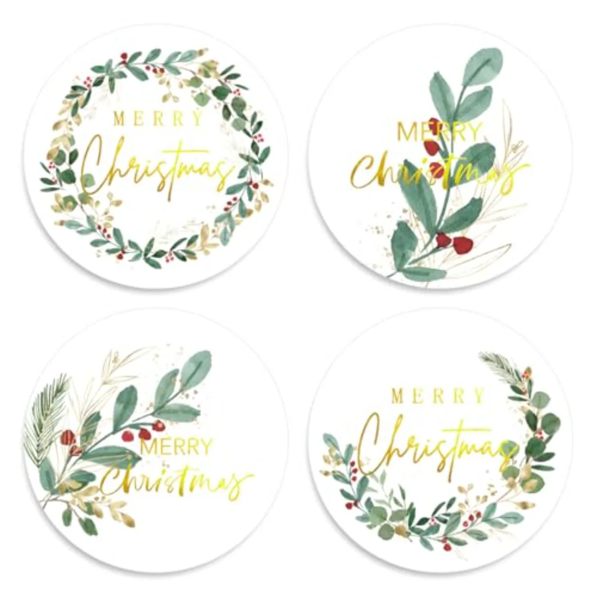 1000Pcs Merry Christmas Gold Foil Stickers Roll Holly Berry Watercolor