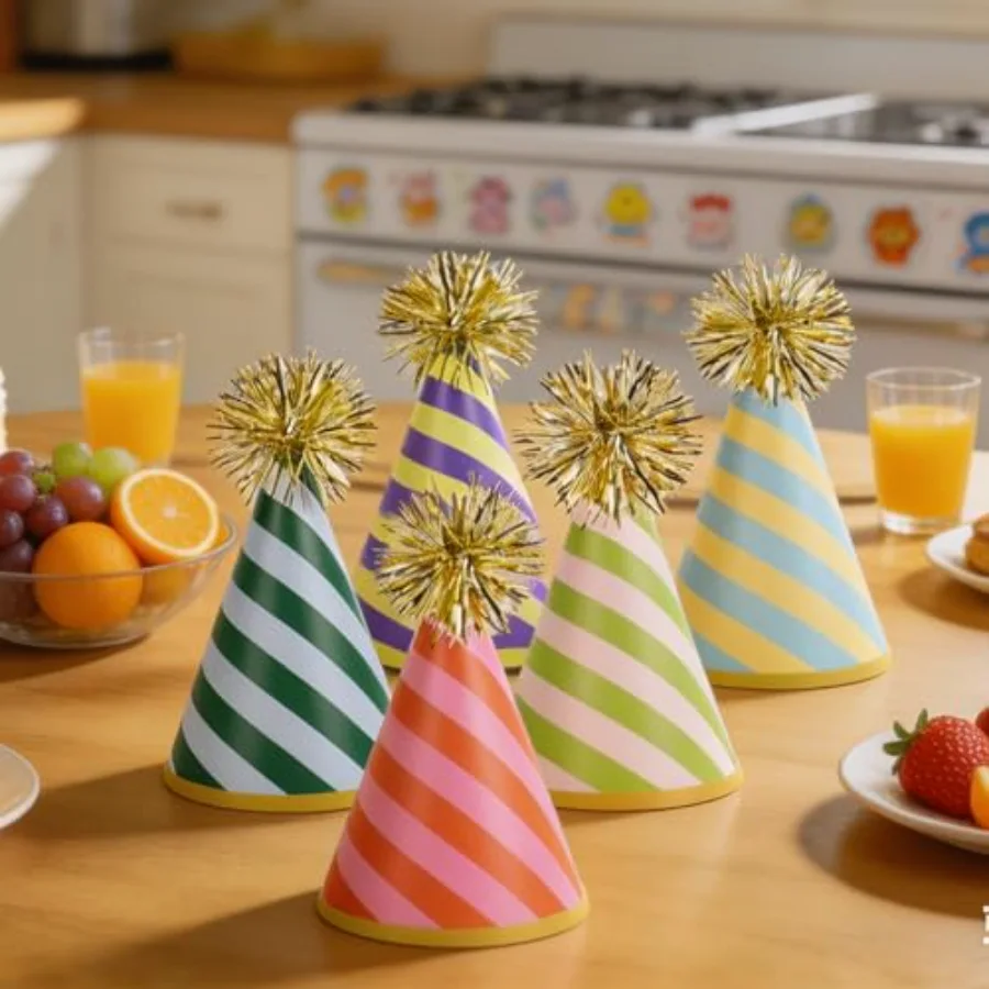 24 Pcs Stripe Birthday Party Hats with Gold Pom Poms Paper Cone Hat, view 4