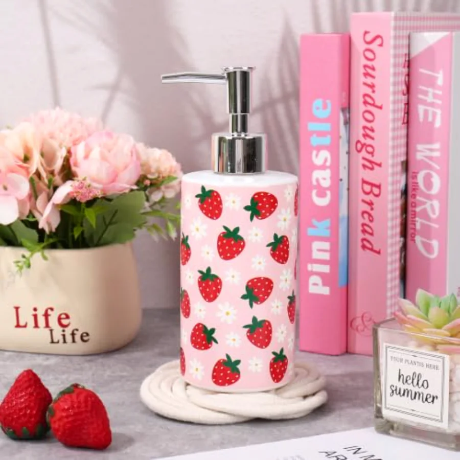 1 Pc Strawberry Soap Dispenser Glass Pink Floral Soap Dispenser with Pump, view 3