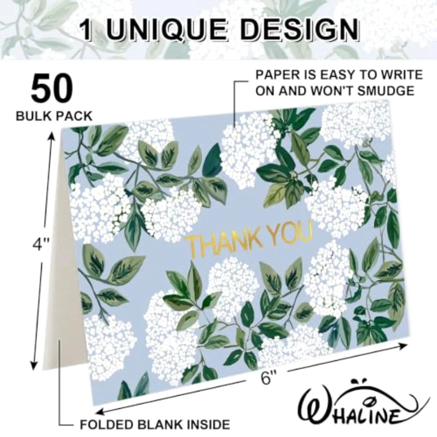50 Pcs Hydrangea Thank You Cards Greeting Cards with Envelopes Stickers, view 2