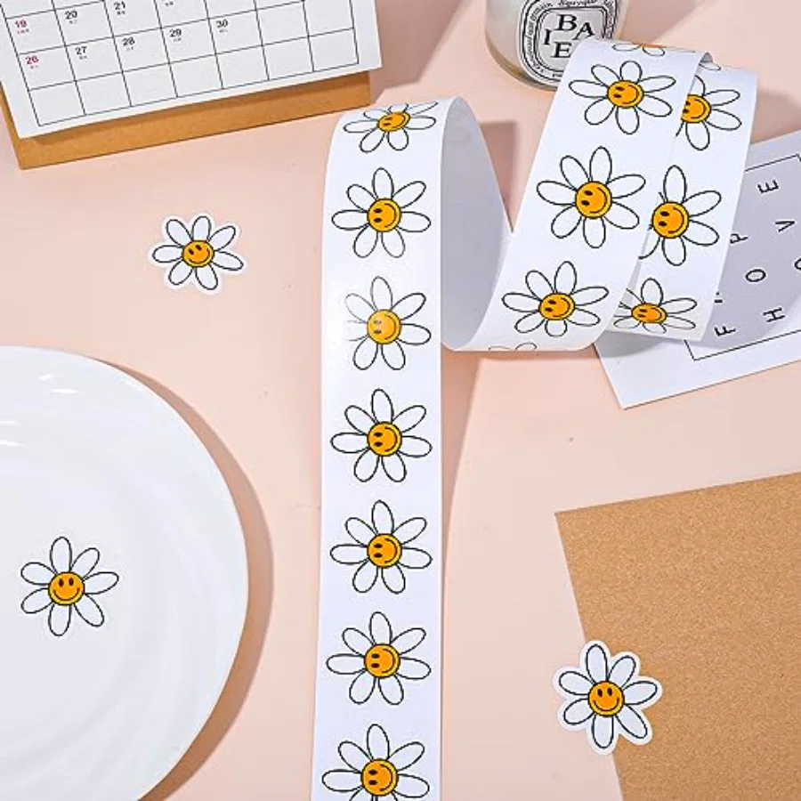 1000Pcs Boho Daisy Stickers White Smile Daisy Shaped Roll Stickers Hippie, view 3