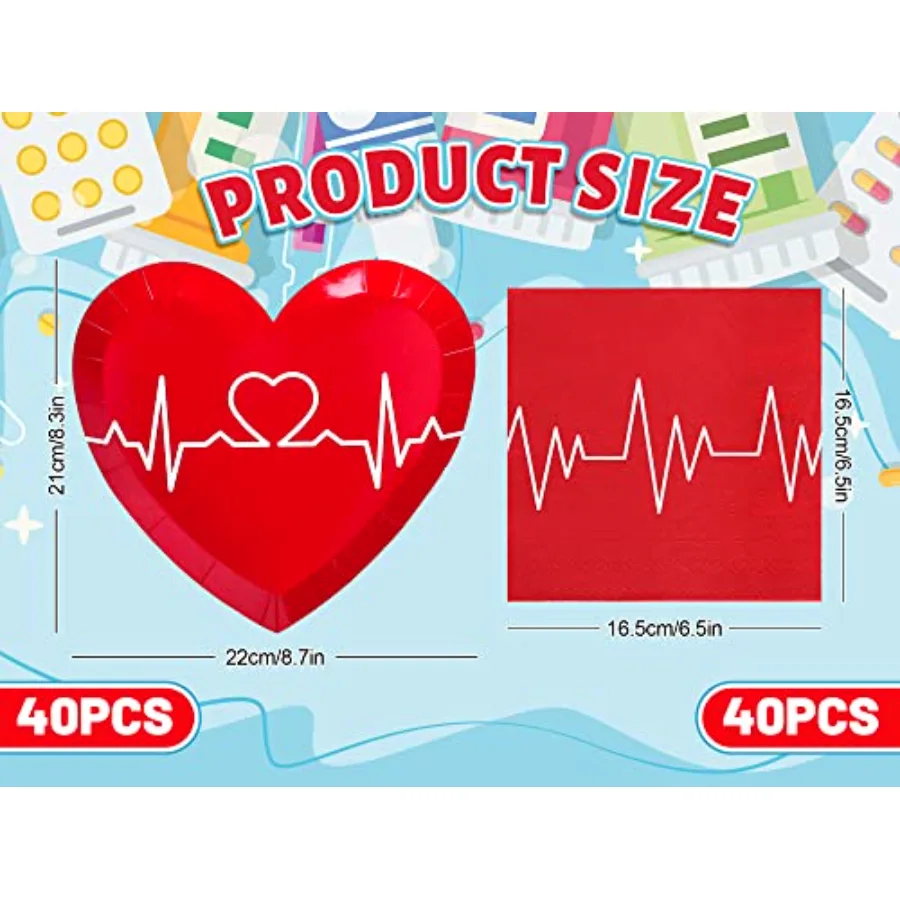 80Pcs 2026 Nurse Graduation Tableware Set Red Heart Rate Prints Disposable, view 2