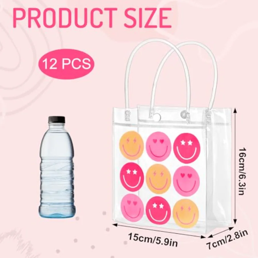 Preppy Smile Clear PVC Gift Bags Pink Happy Face Party Favor Bags with, view 2