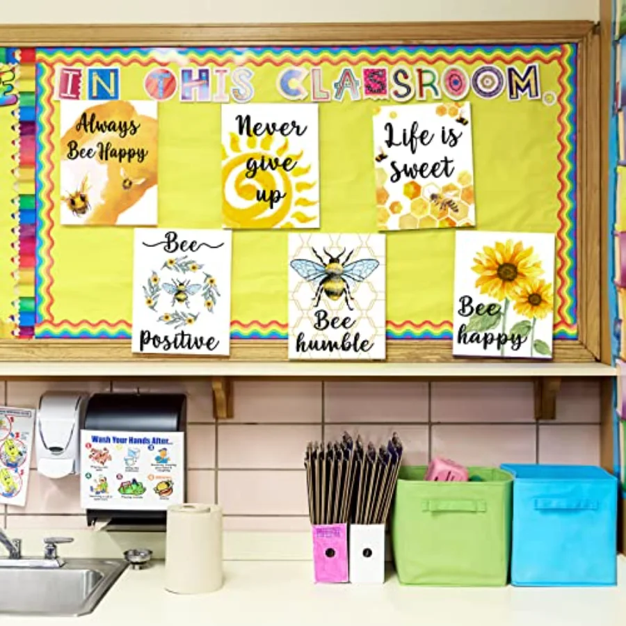 8Pcs Bee Classroom Motivational Posters Bumblebee Sunflower Inspirational, view 3