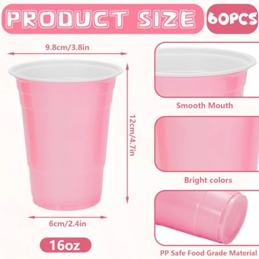 60 Pcs Colored Plastic Cups 16 Oz Light Pink Hot Pink Orange Plastic Cups, view 2