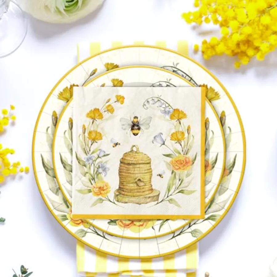 Bee Paper Plates and Napkins Set Summer Bee Flower Disposable Dinnerware, view 4