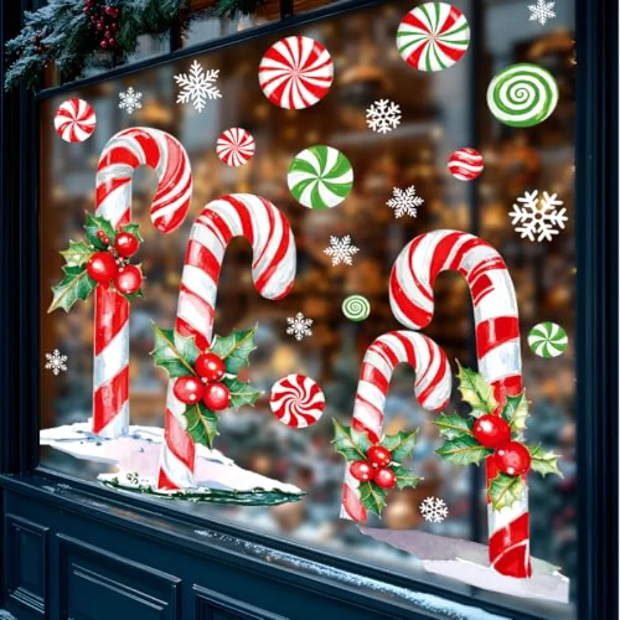 13.8 x 35.4'' Extra Large Christmas Window Clings Red Green Candy Cane, view 2