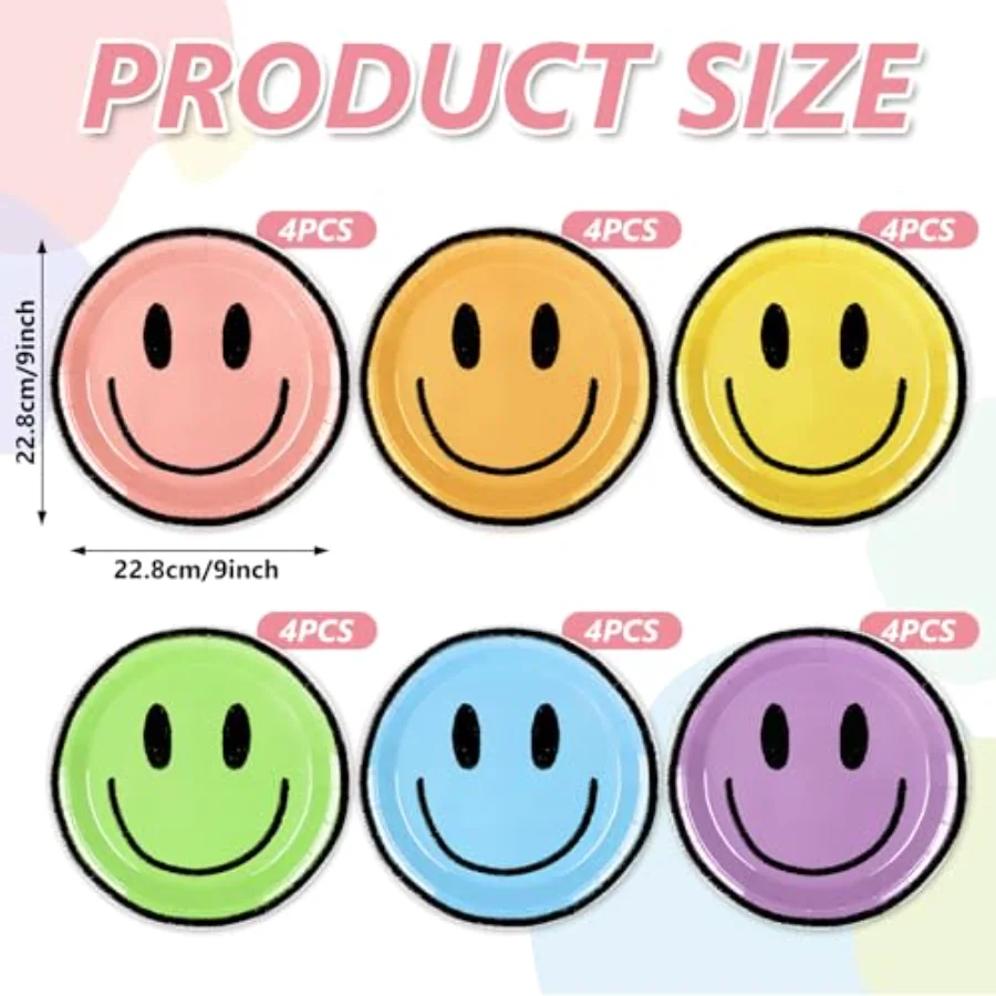 Boho Smile Face Paper Plates Cute Happy Face Disposable Plate 6 Colors, view 2