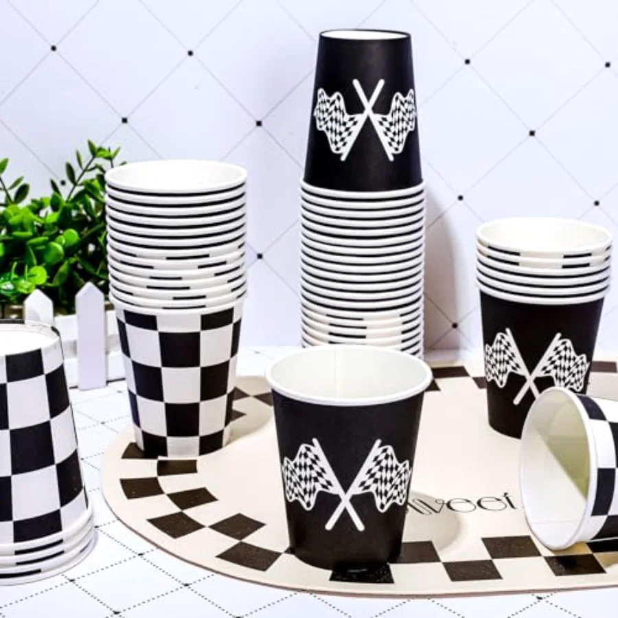 50 Pcs Checkered Racing Paper Cups 9 Oz White Black Checkered Flag, view 4