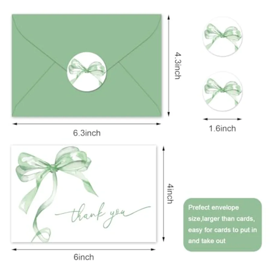 24 Pcs Green Bow Thank You Cards with Envelopes and Stickers Watercolor, view 2