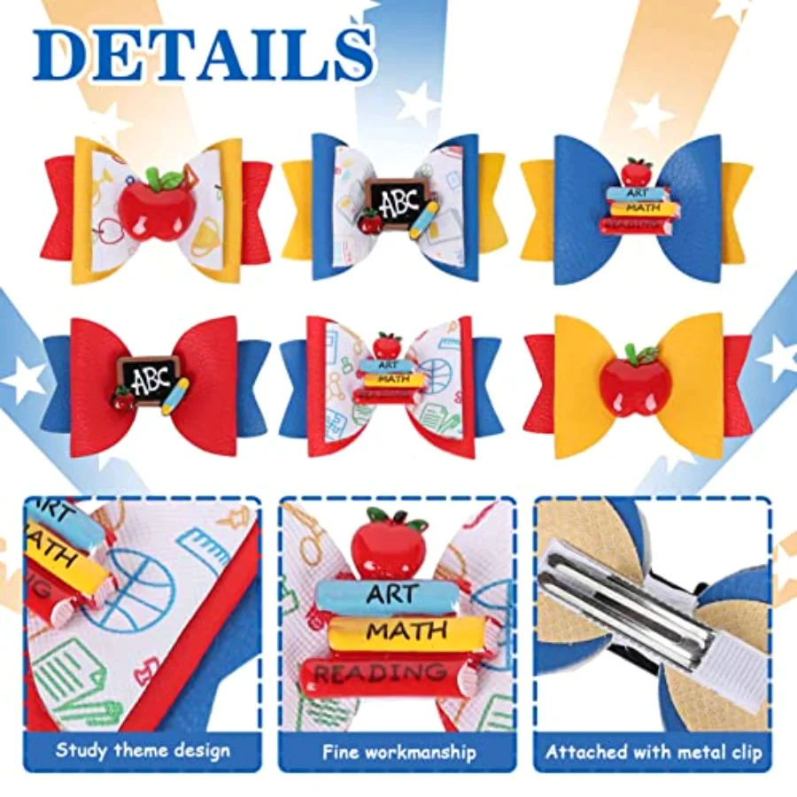 6Pcs Back to School Bow Hair Clips Apples Book Blackboard Hair Bow, view 3
