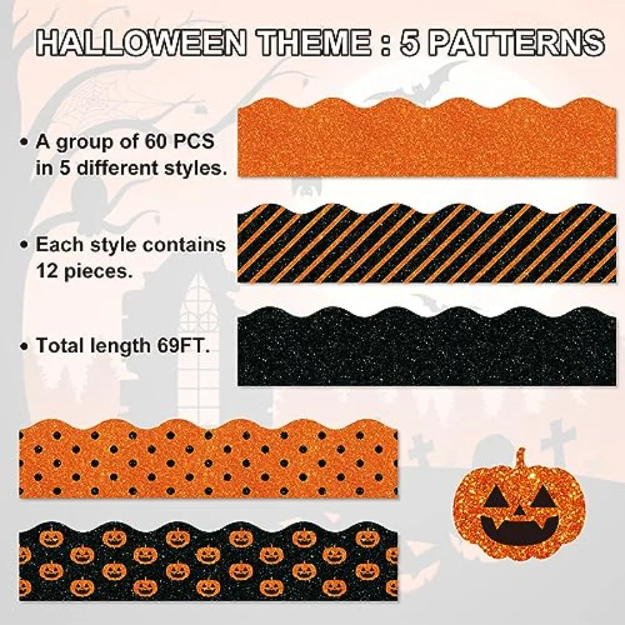 69Ft Halloween Bulletin Board Borders Glitter Orange Black Decoration, view 3