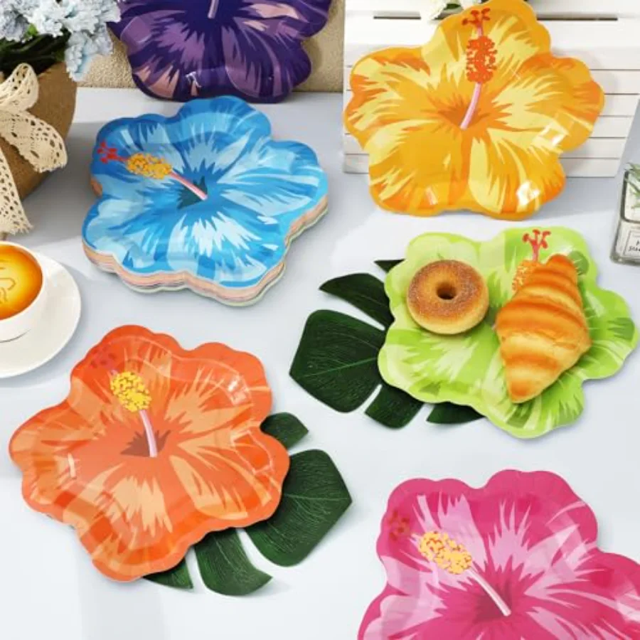 120 Pcs Hibiscus Floral with Artificial Palm Leaves Paper Plates Set Luau, view 4