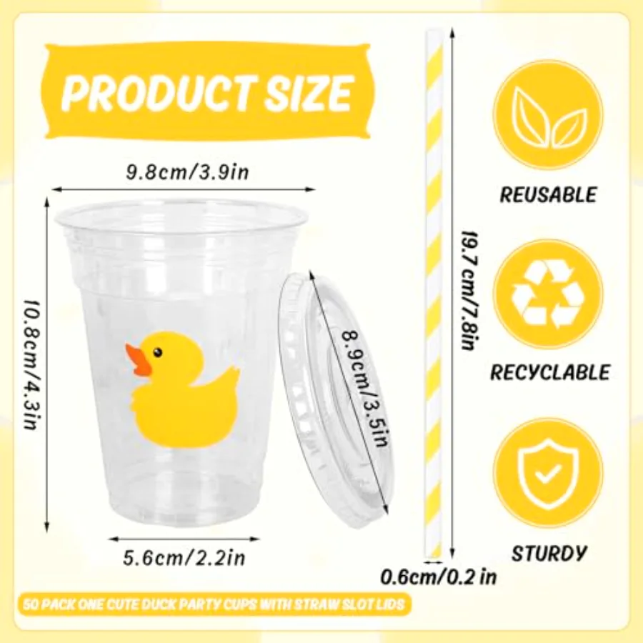 50 Pcs Yellow Duck Plastic Cups with Lids and Straws 12 Oz Cute Duck, view 2