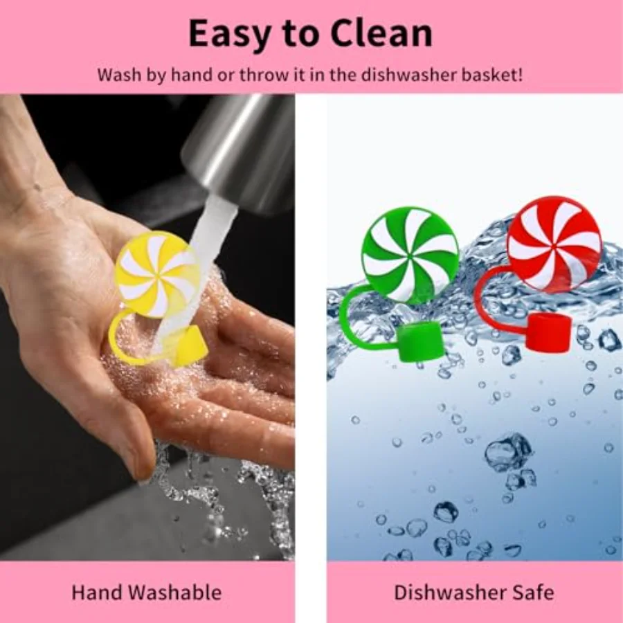 4 Pcs Christmas Straw Cover Cap Peppermint Candy Reusable Silicone Straws, view 4