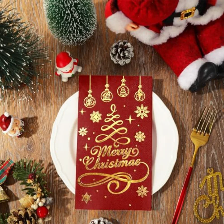 Merry Christmas Guest Paper Napkin Red Gold Foil 3 Ply Disposable Napkin, view 3