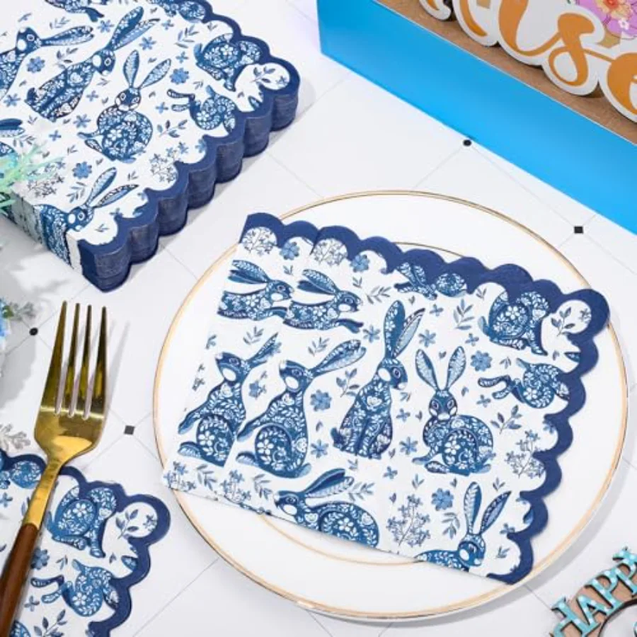 100 Pcs Easter Scalloped Cocktail Napkin Blue Chinoiserie Floral Bunny, view 3
