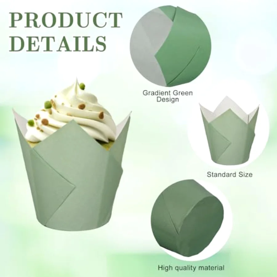 180Pcs Gradient Green Tulip Cupcake Liners Sage Green Tulip Muffin Baking, view 3