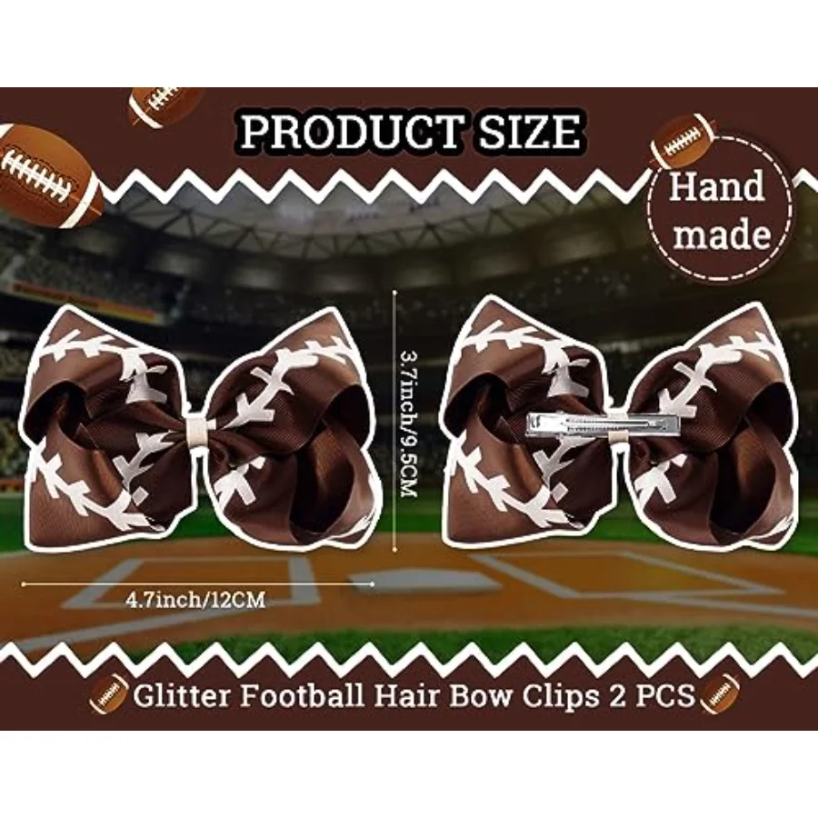 2Pcs Glitter Football Hair Bow Clips Brown and White Football Cheer Hair, view 2